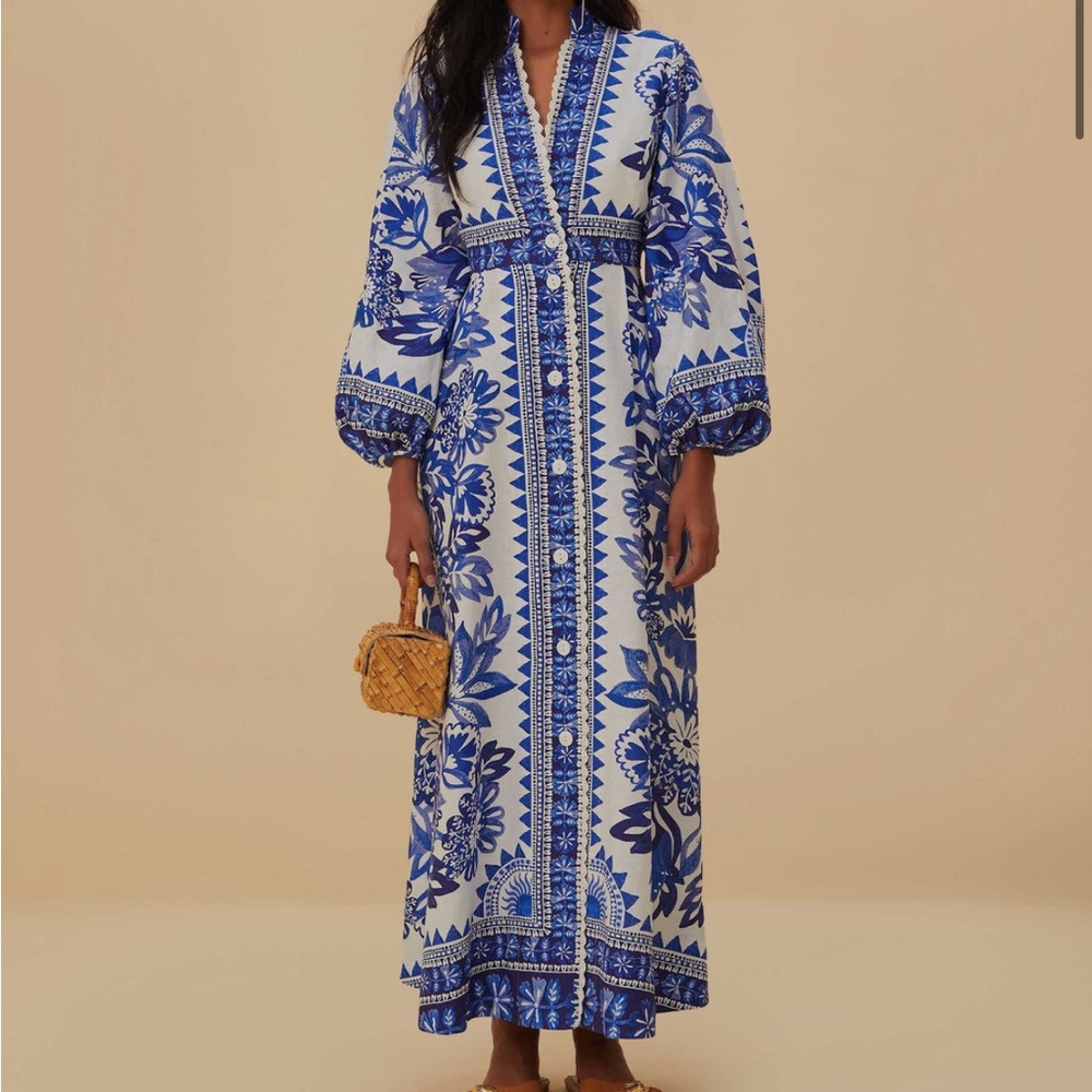 NWT FARM Rio Blue and White Floral Tapestry Long Sleeve Maxi Dress
